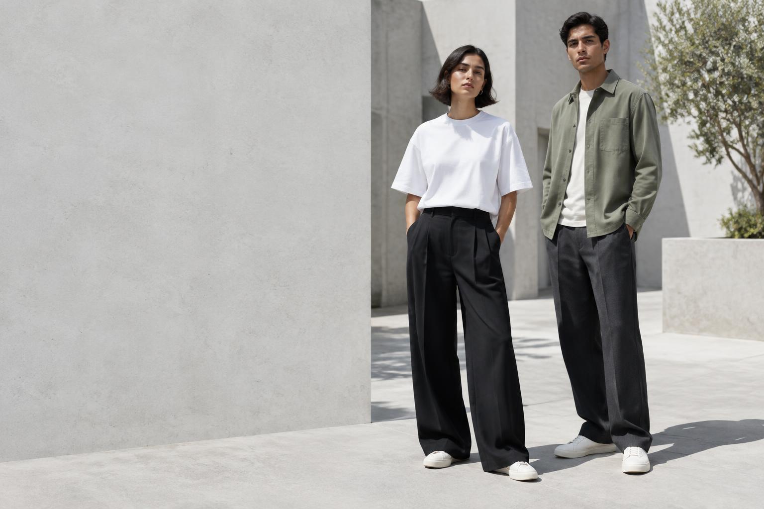 Colección FORMA: playera blanca, sobrecamisa salvia y pantalones de corte amplio